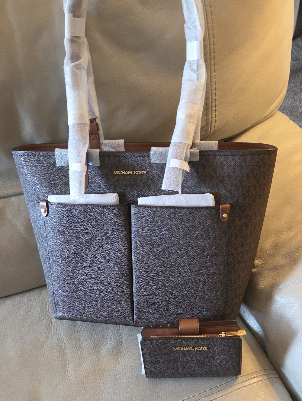Michael Kors Brown Monogram Messenger Tote with Matching Wallet